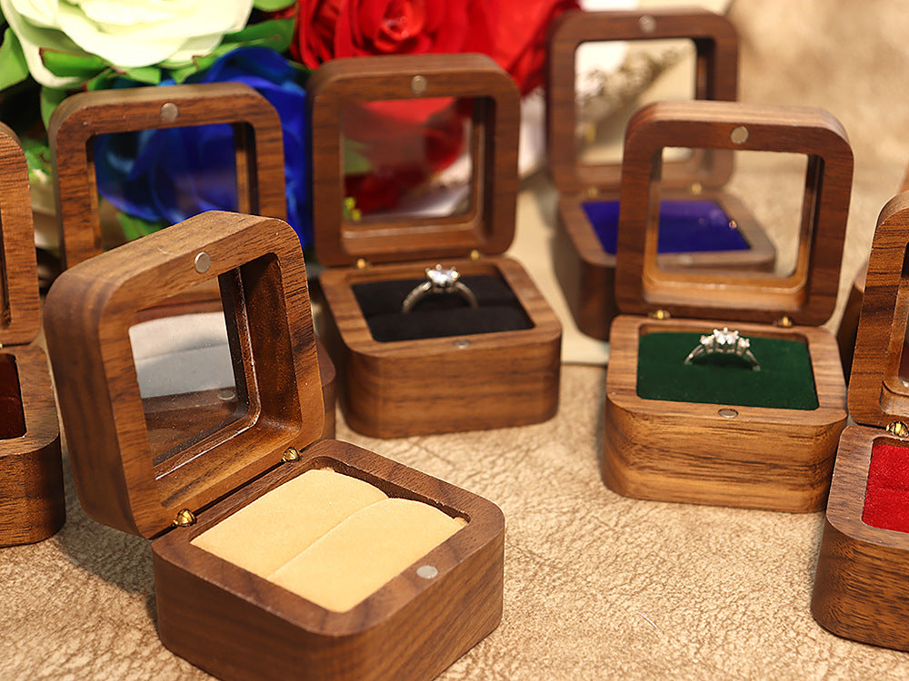 55Windowed Solid Wood Single Slot North American Black Walnut Proposal Ring Box Wedding Velvet Couple Ring Box Storage Packaging