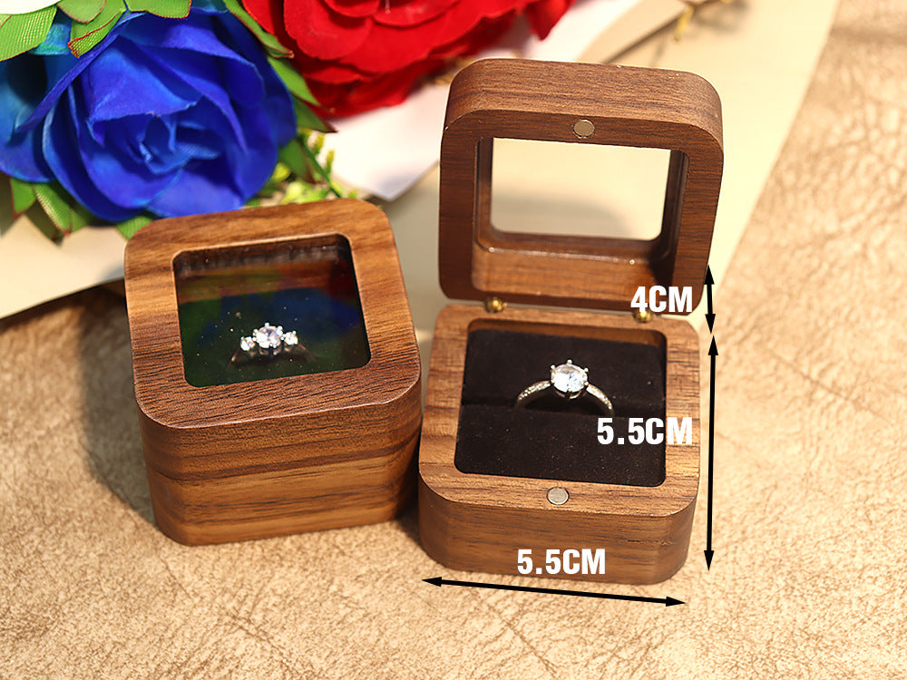 55Windowed Solid Wood Single Slot North American Black Walnut Proposal Ring Box Wedding Velvet Couple Ring Box Storage Packaging