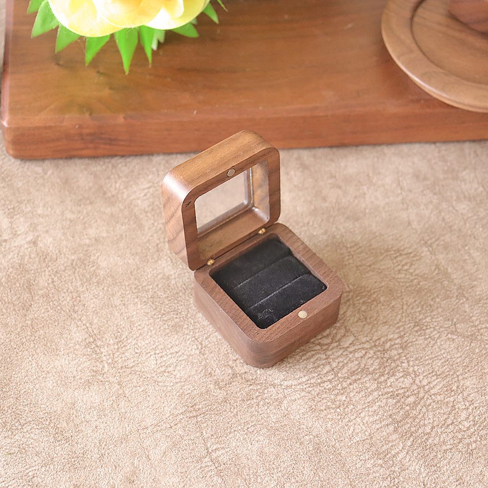 55Windowed Solid Wood Single Slot North American Black Walnut Proposal Ring Box Wedding Velvet Couple Ring Box Storage Packaging