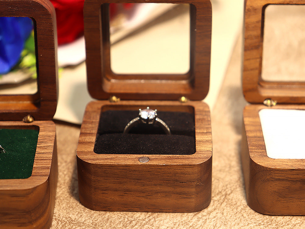 55Windowed Solid Wood Single Slot North American Black Walnut Proposal Ring Box Wedding Velvet Couple Ring Box Storage Packaging