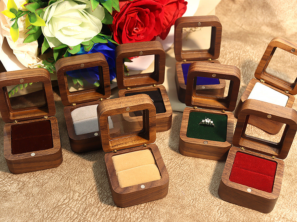 55Windowed Solid Wood Single Slot North American Black Walnut Proposal Ring Box Wedding Velvet Couple Ring Box Storage Packaging