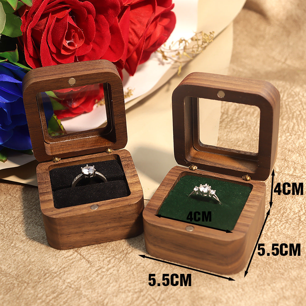 55Windowed Solid Wood Single Slot North American Black Walnut Proposal Ring Box Wedding Velvet Couple Ring Box Storage Packaging