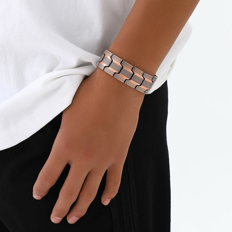 Men's Antique Red Copper Magnetic Therapy Bracelet – Retro Three-Row Energy Healing Couple Bracelet