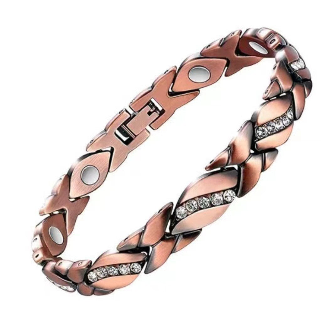 Men's Antique Red Copper Magnetic Therapy Bracelet – Retro Three-Row Energy Healing Couple Bracelet