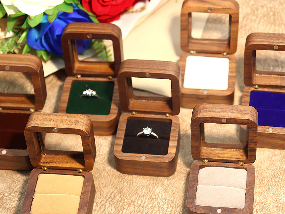 55Windowed Solid Wood Single Slot North American Black Walnut Proposal Ring Box Wedding Velvet Couple Ring Box Storage Packaging 