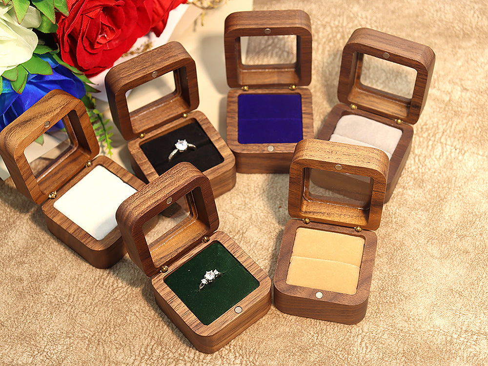 55Windowed Solid Wood Single Slot North American Black Walnut Proposal Ring Box Wedding Velvet Couple Ring Box Storage Packaging 