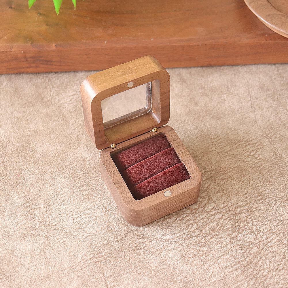 55Windowed Solid Wood Single Slot North American Black Walnut Proposal Ring Box Wedding Velvet Couple Ring Box Storage Packaging 