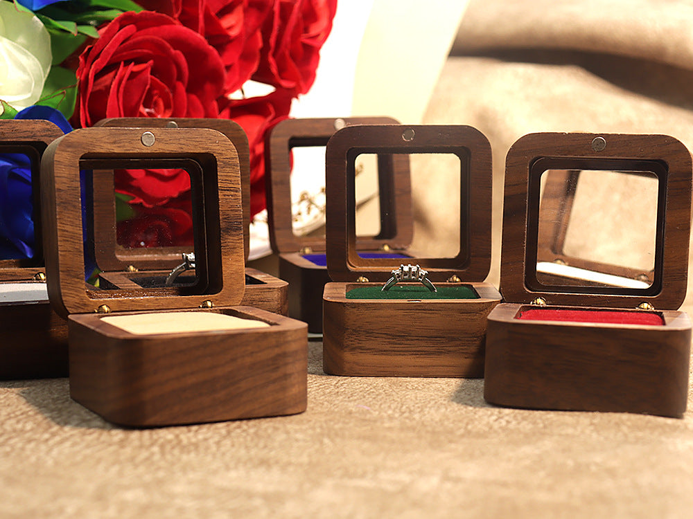 55Windowed Solid Wood Single Slot North American Black Walnut Proposal Ring Box Wedding Velvet Couple Ring Box Storage Packaging 