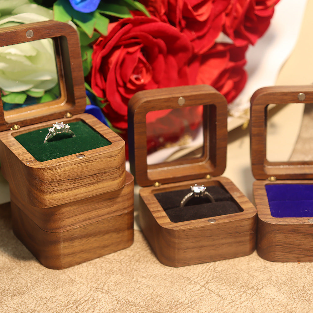 55Windowed Solid Wood Single Slot North American Black Walnut Proposal Ring Box Wedding Velvet Couple Ring Box Storage Packaging 