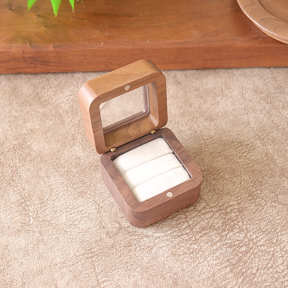 55Windowed Solid Wood Single Slot North American Black Walnut Proposal Ring Box Wedding Velvet Couple Ring Box Storage Packaging 