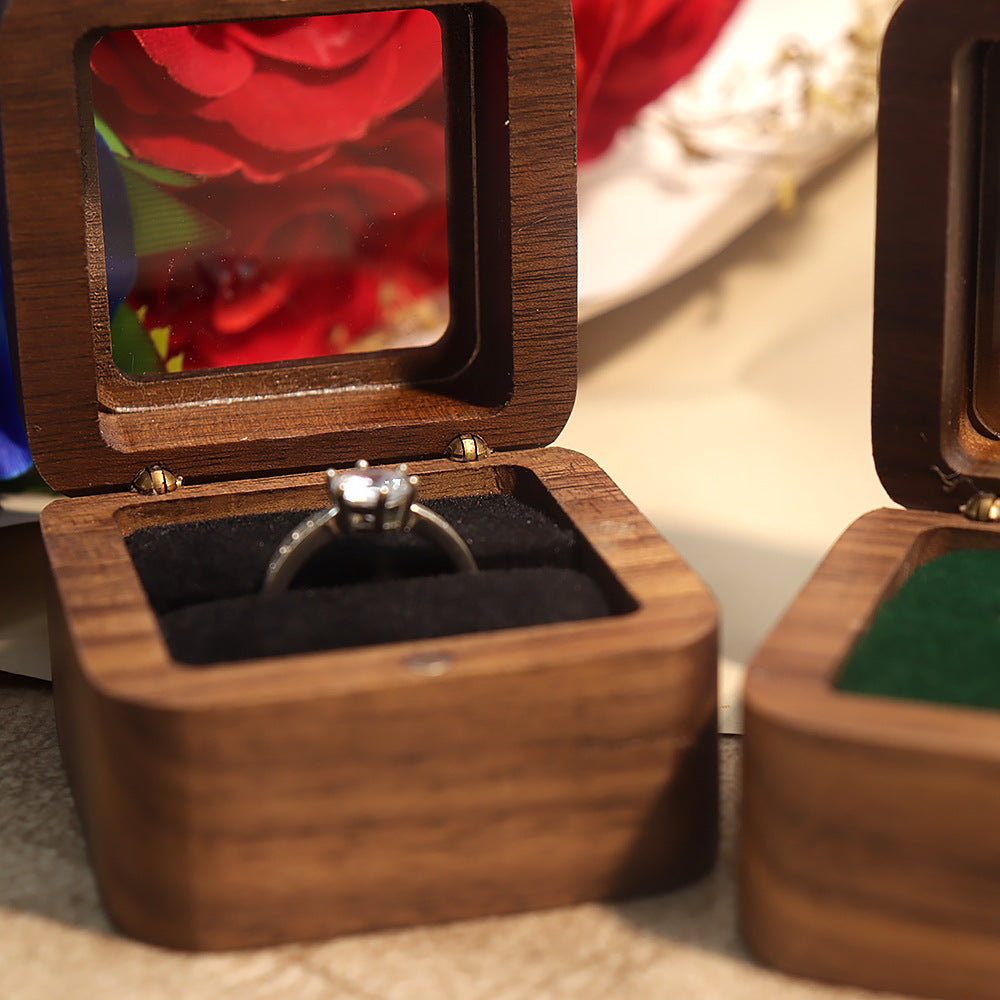 55Windowed Solid Wood Single Slot North American Black Walnut Proposal Ring Box Wedding Velvet Couple Ring Box Storage Packaging 