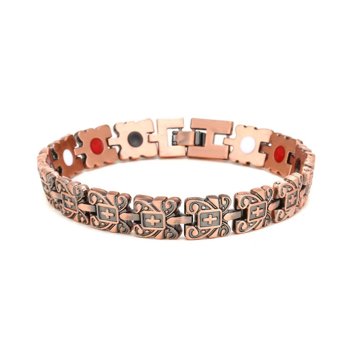 Men's Antique Red Copper Magnetic Therapy Bracelet – Retro Three-Row Energy Healing Couple Bracelet 