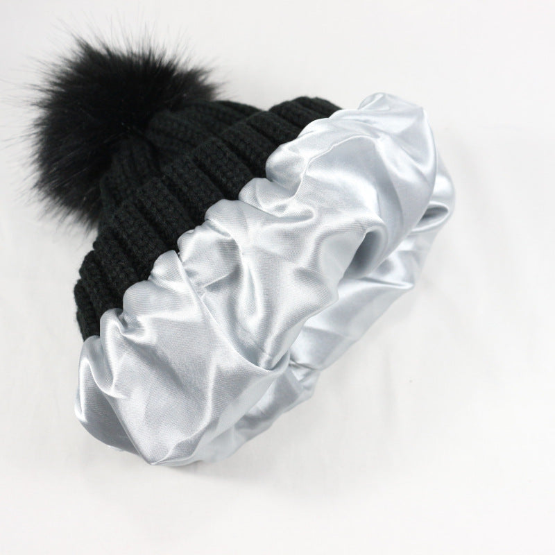 European and American Winter Hot-Selling Pom-Pom Knitted Hat Thickened High Elastic Satin Lined Knit Hat Versatile Windproof Warm 