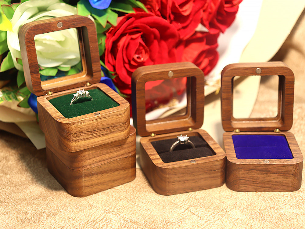 55Windowed Solid Wood Single Slot North American Black Walnut Proposal Ring Box Wedding Velvet Couple Ring Box Storage Packaging 