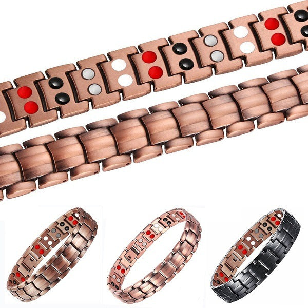 European and American Hot-Selling Metal Antique Red Copper Bracelet for Men, Wide Row Full Magnetic Stone Bracelet, Couple Jewelry Accessories 